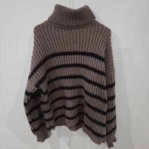Line & Dot Sz Small Ribbed Turtleneck Sweater in Taupe and Black Stripes